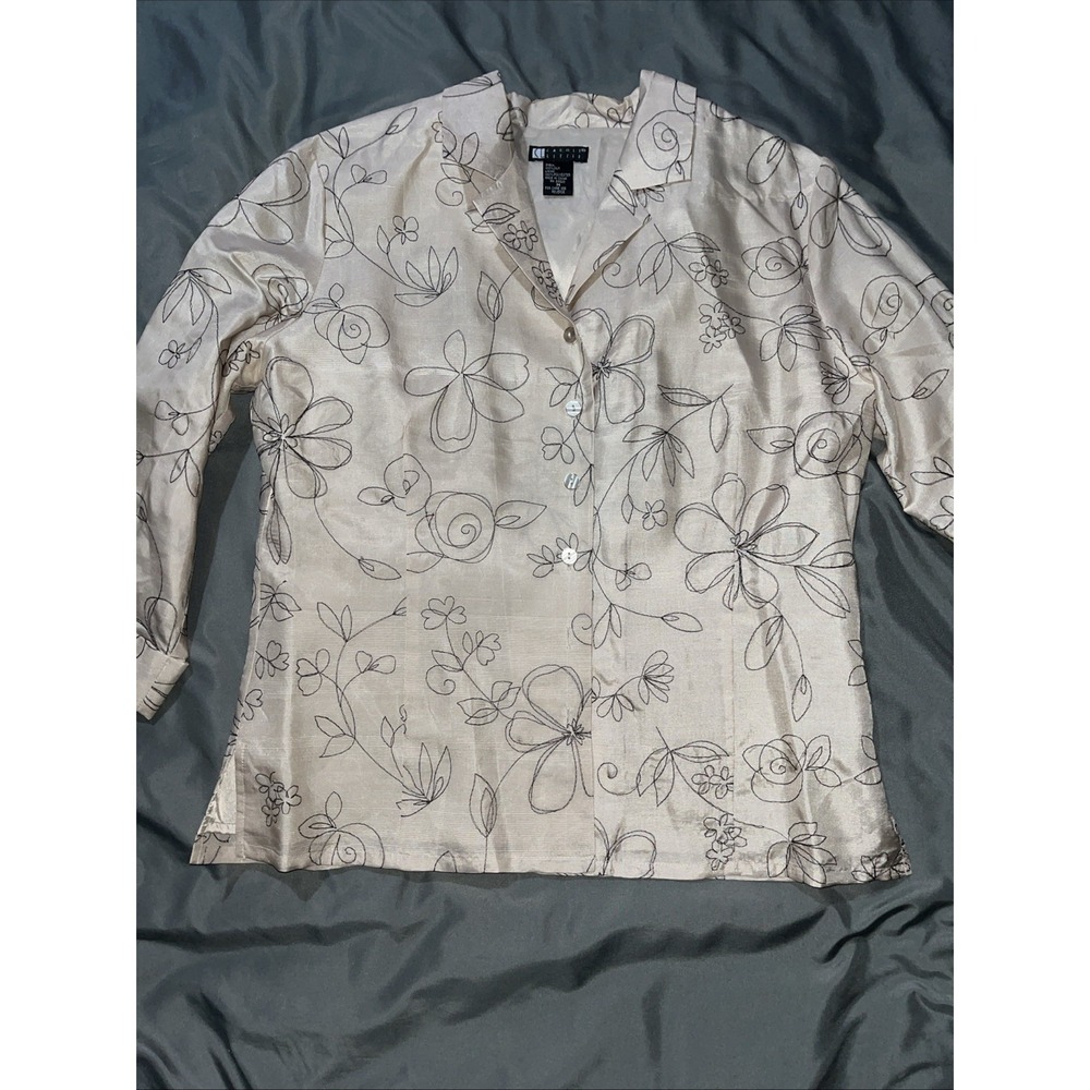 Carole Little Silk Beige/Black Floral Embroidered button-down blouse Size Medium